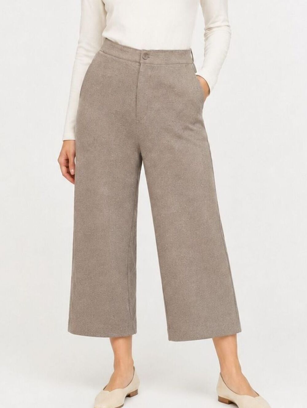 UNIQLO Women’s Cropped Heavy Taupe Wide Leg Jersey High Rise Pants - M EUC